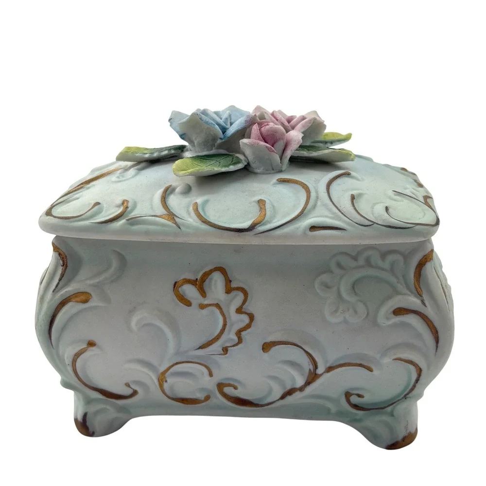 Vintage Norleans Japan Blue Footed Porcelain Trinket Box 3D Roses Gold Gilt 4.5